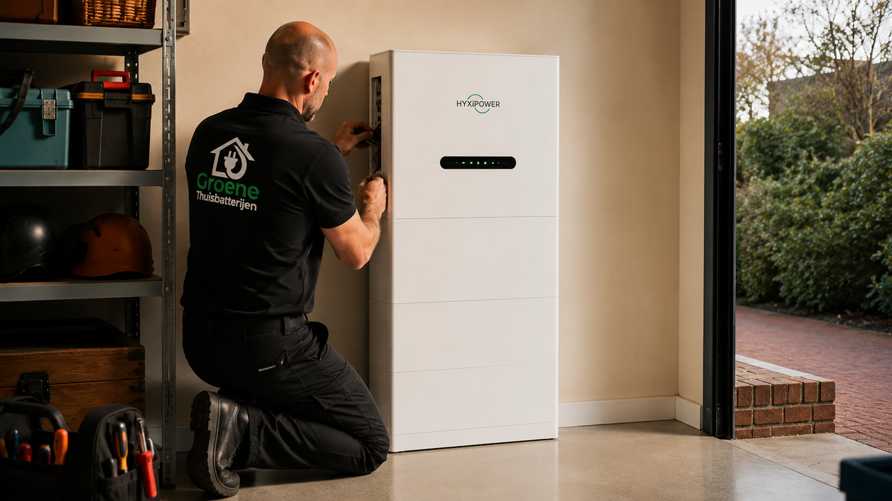 Monteur van Groene Thuisbatterijen installeert een thuisbatterij