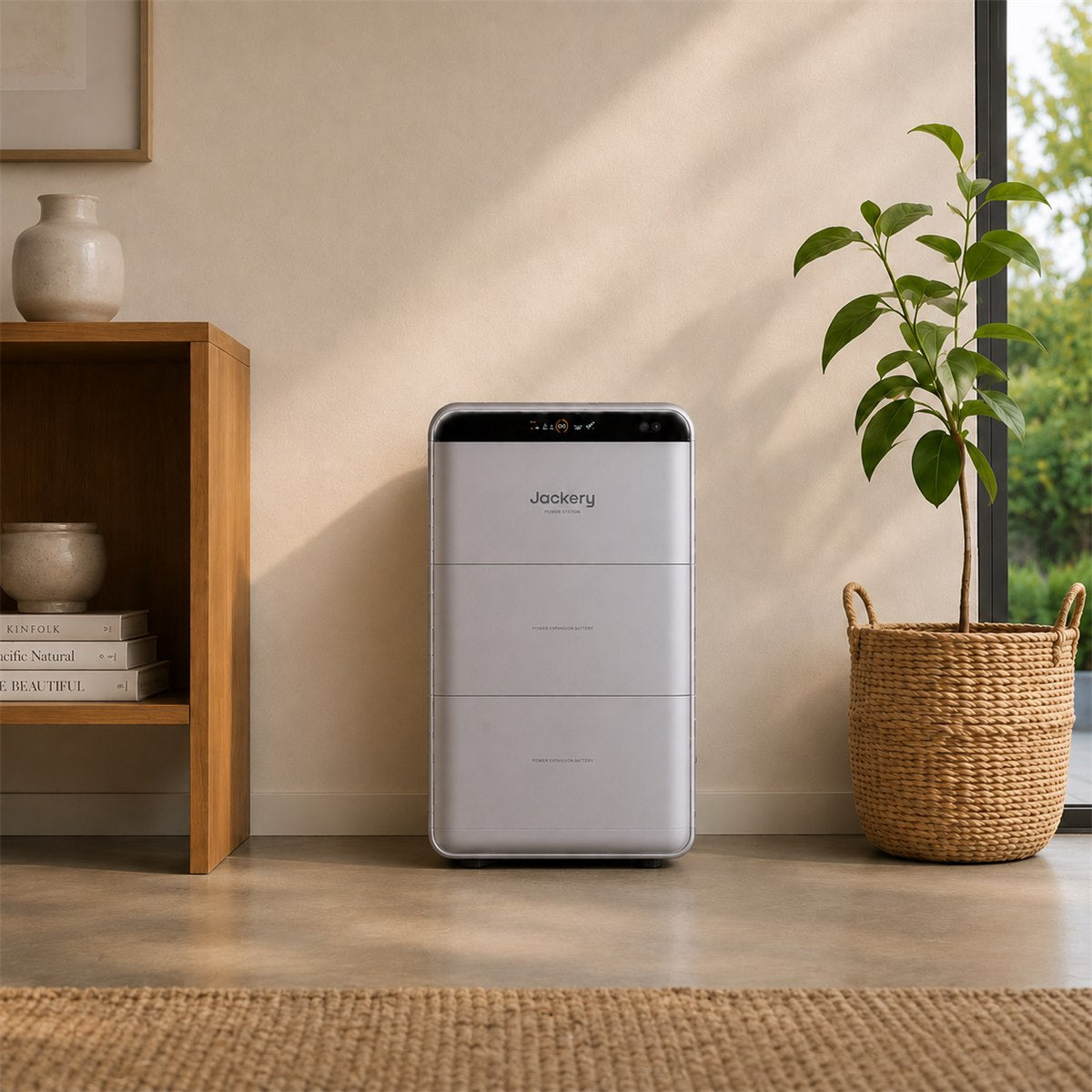 Jackery thuisbatterij geplaatst in een moderne woonkamer